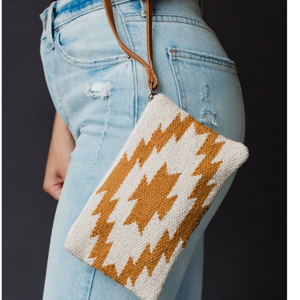 Cream Camel Brown Western Aztec Cotton Woven Leather Wristlet